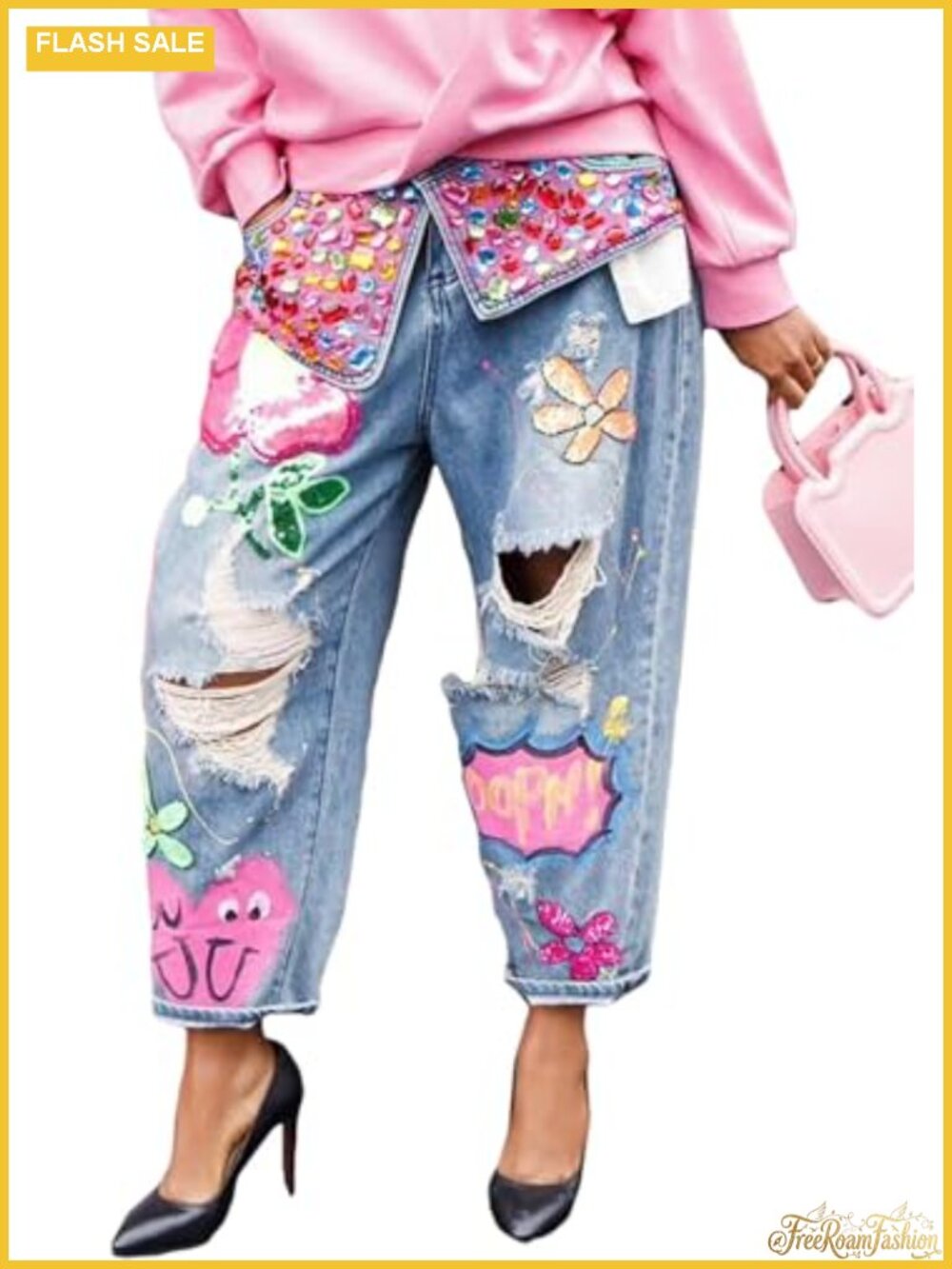 High Waist Rhinestone Ripped Wide Leg Barrel Crop Jeans